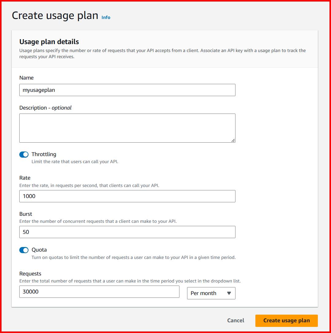 Picture showing the Create usage plan screen for creating the new usage plan